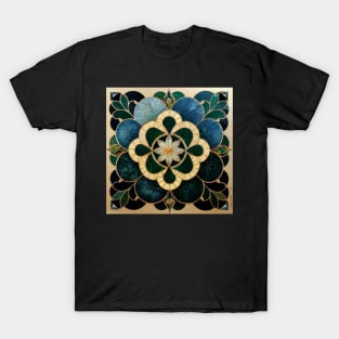 Flower Mosaic Pattern with Jade, Mother of Pearl and Gold Trim T-Shirt